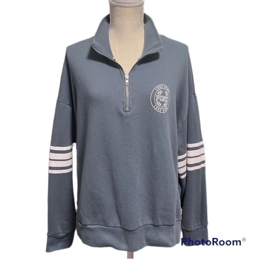 Victorias Secret Pink Casual quarter Zip blue gray pullover logo sweatshirt top